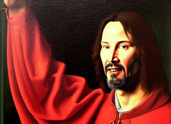 Image similar to portrait of keanu reeves, oil painting by jan van eyck, northern renaissance art, oil on canvas, wet - on - wet technique, realistic, expressive emotions, intricate textures, illusionistic detail