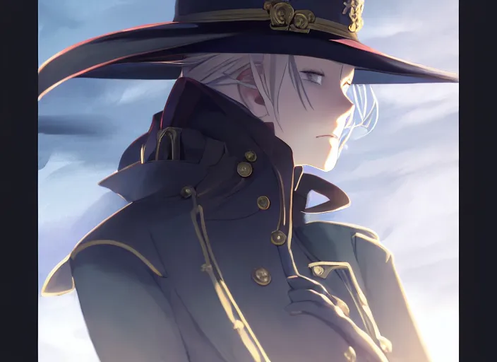 Prompt: side portrait of lady maria, helm of second world war warship in background, illustration concept art anime key visual trending pixiv fanbox by wlop and greg rutkowski and makoto shinkai and studio ghibli and kyoto animation, symmetrical facial features, astral witch clothes, dieselpunk, golden details, gapmoe yandere grimdark, volumetric lighting, backlit