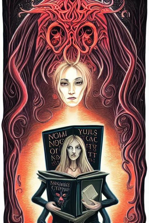 Prompt: trump illustration of romantic girl, her cat and her book of necronomicon, symmetrical, cinematic, sharp focus, 4 k, ultra hd, sense of awe, sinister demonic atmosphere, dreadful, forbidden knowledge, old gods, cthulhu, yog - sothoth! yah, yah, yah! cultist journal cover