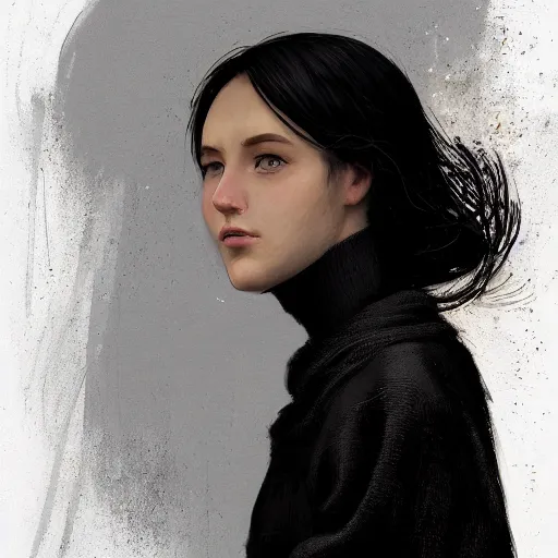 Image similar to portrait of a young woman by greg rutkowski, she is about 2 0 years old, mixture between russian and japanese, pretty, black bob hair with two strands around her face, very tall and slim, wearing a oversized jumper jumpsuit, highly detailed portrait, digital painting, artstation, concept art, smooth, sharp foccus ilustration, artstation hq