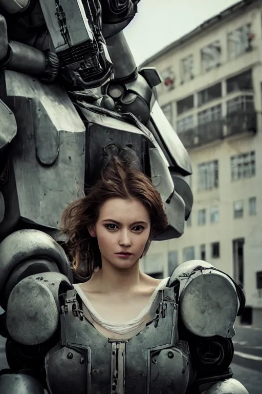 Image similar to portrait cinematography of beautiful young female, clothed in sci-fi military armor, long hair blowing in the wind. Giant mechs in the street. by Anita Sadowska