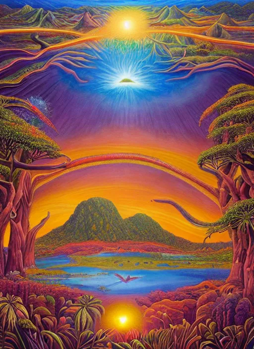 Image similar to a landscape painting of the upper spiritual worlds, surrealist, dmt, dmt, 5 meodmt, blissful landscape, love, high defined jungle, mother ayahuasca, ecstasy, bliss, sanctuary, sacred, vladimir kush art style, alex grey art style.