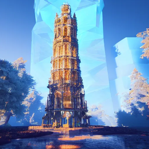 Image similar to Render of a beautiful tower made of gigantic pieces of radiant blue crystal, golden hour, serene, hyperdetailed, trending on Artstation, Unreal Engine 4k