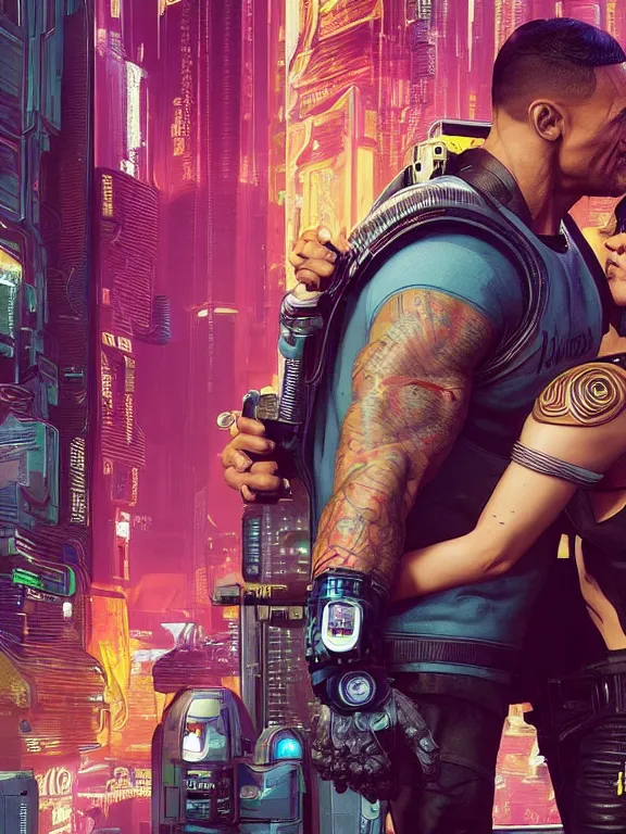 Image similar to a cyberpunk 2077 portrait of Dwayne Johnson hug a female android , complex mess of cables and wires behind them connected to giant computer, love,film lighting, by laurie greasley,Lawrence Alma-Tadema,William Morris,Dan Mumford, trending on atrstation, full of color, mythological, high detailed,golden ratio,cinematic lighting