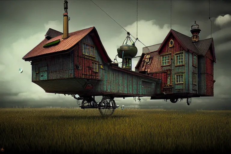 Image similar to photorealistic flying house, many details, Ultra detailed, octane render, by Alexander Jansson