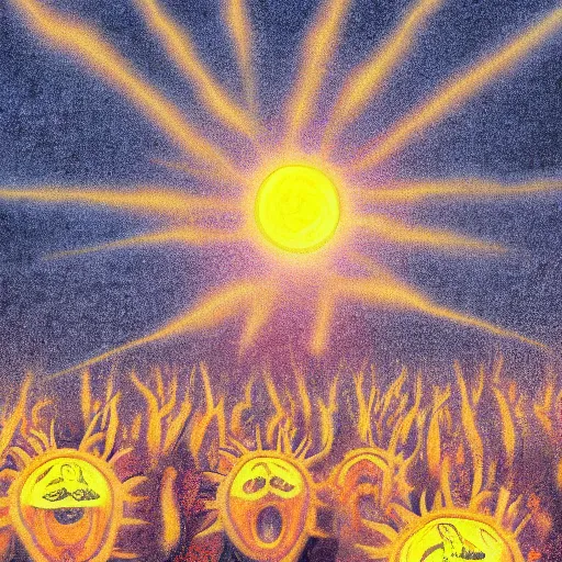 Image similar to donald trump as the sun looking over a field of screaming teenagers. digital painting, high detail, 8 k, film still