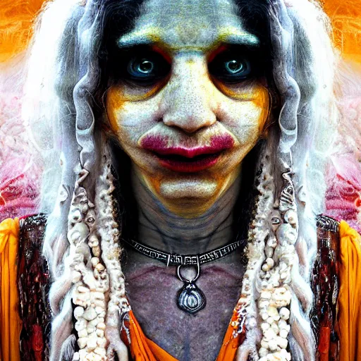 Prompt: realistic expired kodak film portrait of aghori tantrik albino india woman, tentacled creature mix, marigold celestial vibe, hyperrealism, hypermaxiymalism, photorealistic, detailed, atmospheric, 8 k, award winning photography, cinematic