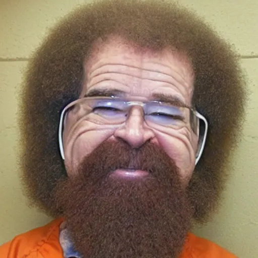 Image similar to jailphoto of a cute bob ross dressed as an inmate inside jail