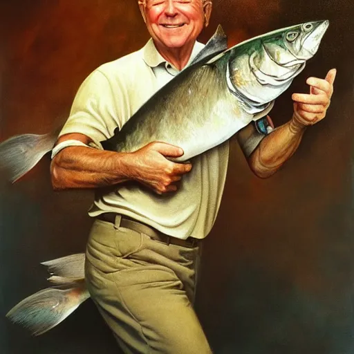 Prompt: ultra realistic portrait painting of a george bush holding a giant sardine, art by frank frazetta, 4 k, ultra realistic, highly detailed, epic lighting