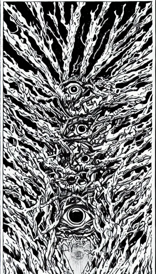 Image similar to a storm vortex made of many demonic eyes and teeth over a forest, by yoshihiro togashi
