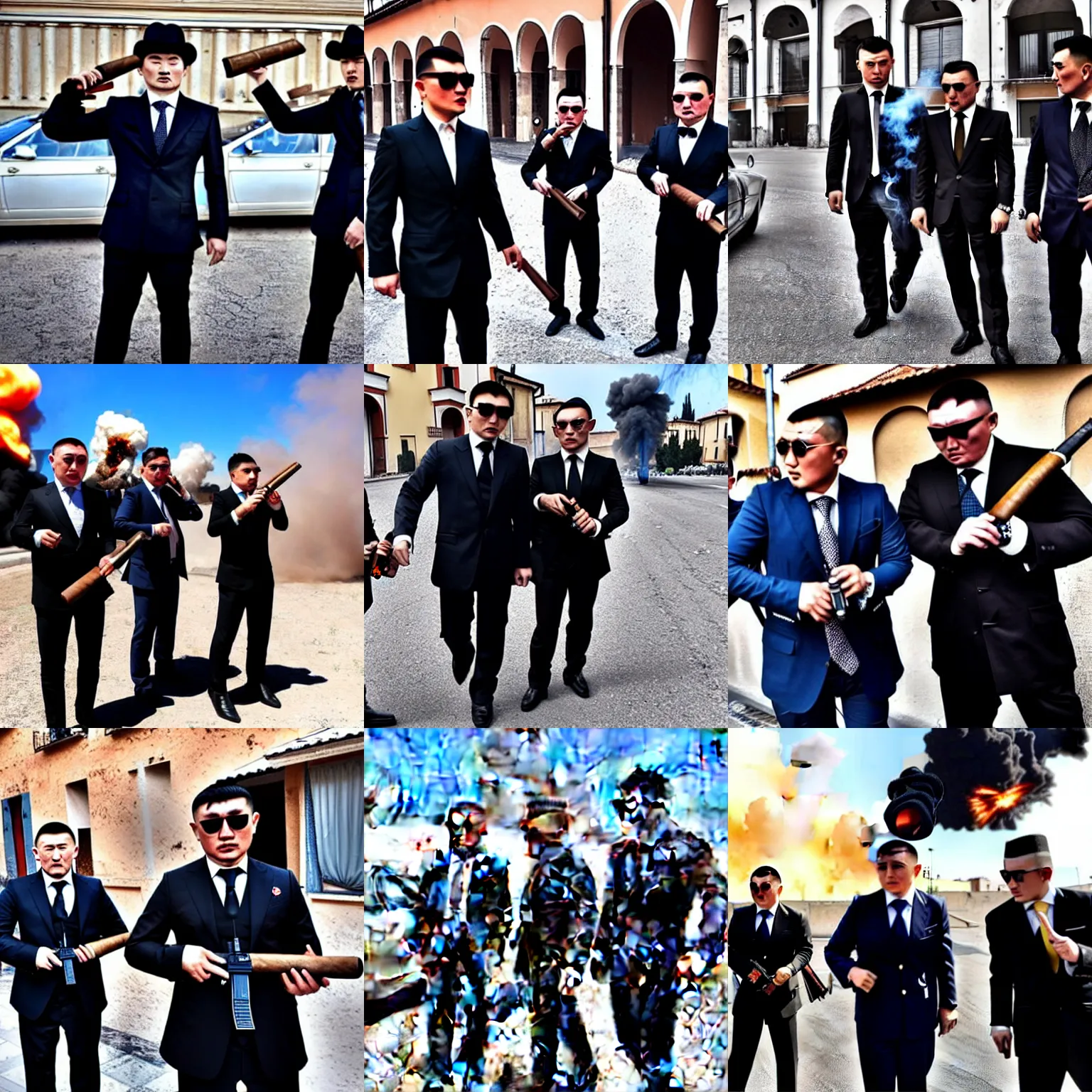 Prompt: Kazakh mafia members in stylish Italian suits with Tommy guns, smoking cigars, explosion in the background