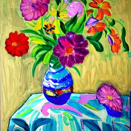 Image similar to a painting of flowers in a vase on a table, a silk screen by janet fish, trending on pinterest, holography, fauvism, vivid colors, rich color palette