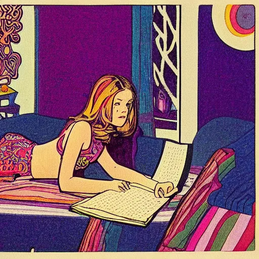 Image similar to rocker teen girl laying on the floor, writing on Journal. 1970s colorful psychedelic bedroom. Trippy. Moscoso. Mucha.