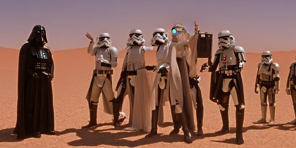 Image similar to film still from Star Wars, Bill and Ted on Tatooine