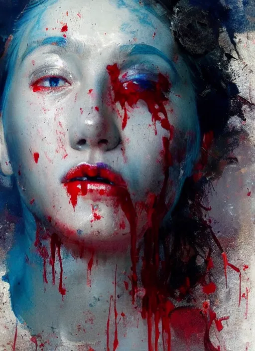 Image similar to painting of a beautiful goddess with blue hair, unclothed, soaked in blood, her beating heart exposed, she stares directly at the viewer, by Jeremy Mann, stylized, detailed, realistic, grim, dark tones, intimate, loose brush strokes