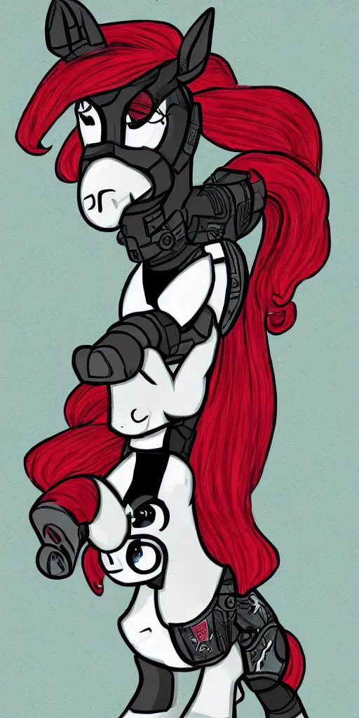 Image similar to Fallout Equestria Project Horizons | Blackjack Character Fanart | White MLP Unicorn Mare with red and black shaggy hair, and bright, robotic eyes. | Cutie Mark is: Ace and Queen of Spades | Trending on ArtStation, Digital Art, MLP Fanart, Fallout Fanart | Blackjack sitting and looking depressed at the viewer