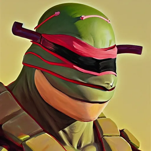 Image similar to greg manchess portrait painting of a teenage mutant ninja turtle, medium shot, asymmetrical, profile picture, organic painting, sunny day, matte painting, bold shapes, hard edges, street art, trending on artstation, by huang guangjian and gil elvgren and sachin teng