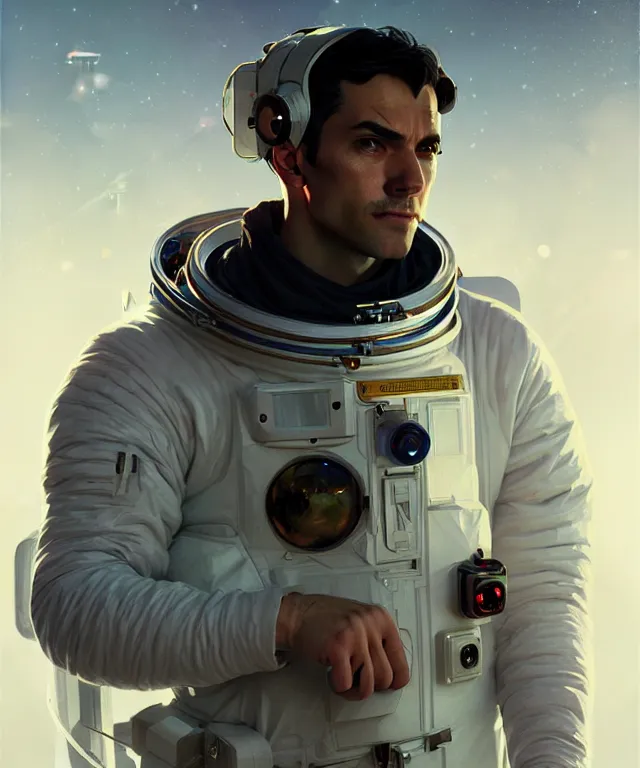 Image similar to Hacker man spaceman portrait, highly detailed, digital painting, artstation, concept art, smooth, sharp focus, illustration, art by artgerm and greg rutkowski and alphonse mucha