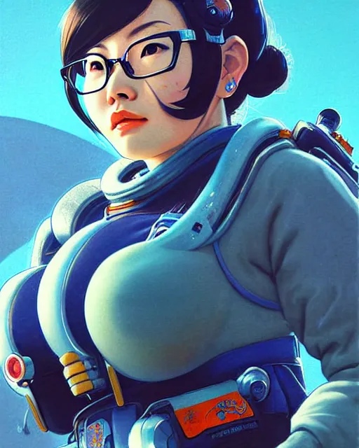 Image similar to mei from overwatch, character portrait, ice, portrait, close up, concept art, intricate details, highly detailed, vintage sci - fi poster, retro future, in the style of chris foss, rodger dean, moebius, michael whelan, and gustave dore