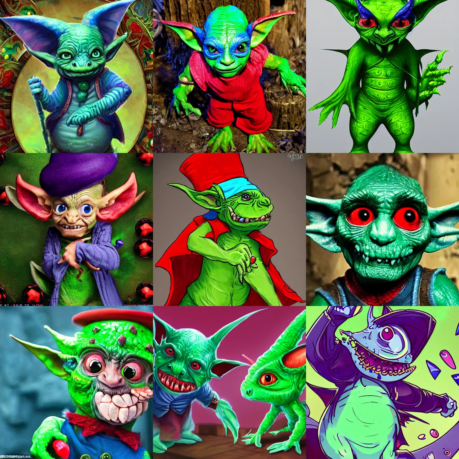 Prompt: small magician goblin with a mischevious look in his eyes, ragged blue clothes, green skin, red dragon scales, cute, wholesome, round, funny