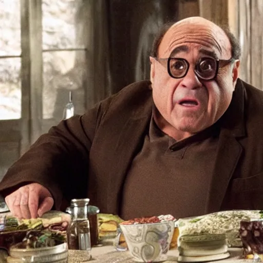 Image similar to movie still of danny devito starring as gimly in the 2 0 2 6 lord of the rings movie, full body