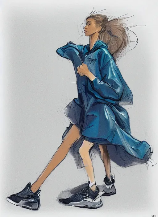 Image similar to a fashion sketch of a futuristic tennis girl wearing yeezy 5 0 0 sneakers and an anorak designed by balenciaga by brian froud and frank frazetta, low angle