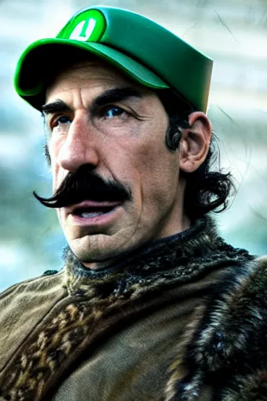 Image similar to very very intricate photorealistic photo of a realistic human version of luigi wearing his hat in an episode of game of thrones, photo is in focus with detailed atmospheric lighting, award - winning details