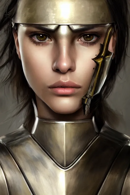 Image similar to a photorealistic painted portrait of an attractive young girl, partially clothed in dull metal-plated battle armor, olive skin, long dark hair, beautiful bone structure, symmetric facial features, perfect eyes, natural physique, intricate, elegant, digital painting, concept art, finely detailed, beautifully illustrated, sharp focus, minimal artifacts, photographic quality, from Metal Gear, by Ruan Jia and Mandy Jurgens and Artgerm and William-Adolphe Bouguerea, in the style of Greg Rutkowski, trending on Artstation, award winning