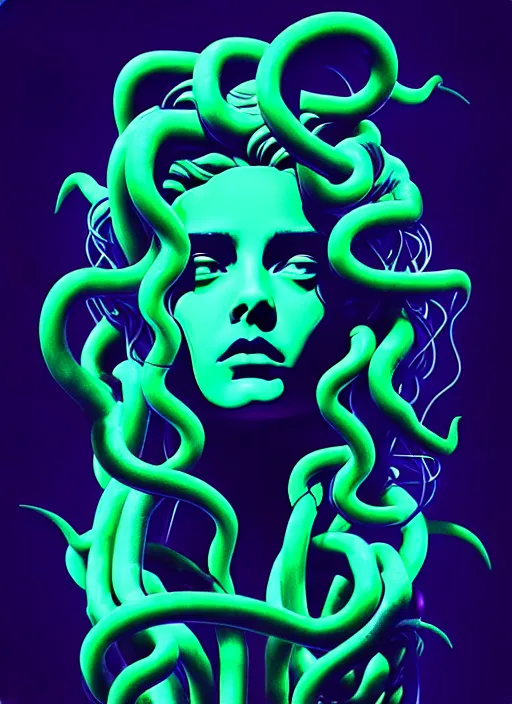 Image similar to statue of medusa, beeple, android jones, liam wong, ( ( ( ( ( dan mumford ) ) ) ) ), vaporwave, retrowave, black background, neon wiring, black, glitch, strong contrast, cuts, pinterest, trending on artstation