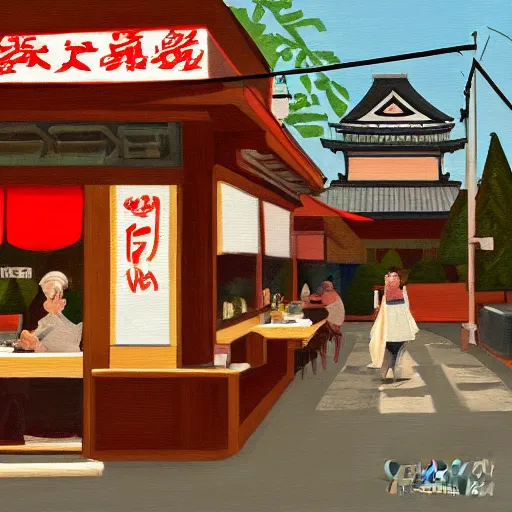 Prompt: a painting of a small restaurant in a suburban Japan town, digital painting