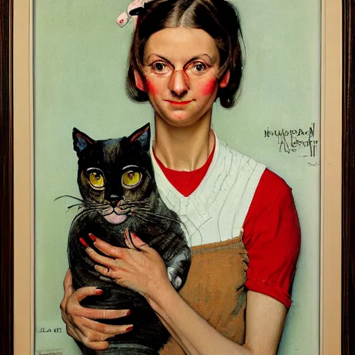 Image similar to Front portrait of a woman who cleverly uses casual clothing to look like a cat. A painting by Norman Rockwell.