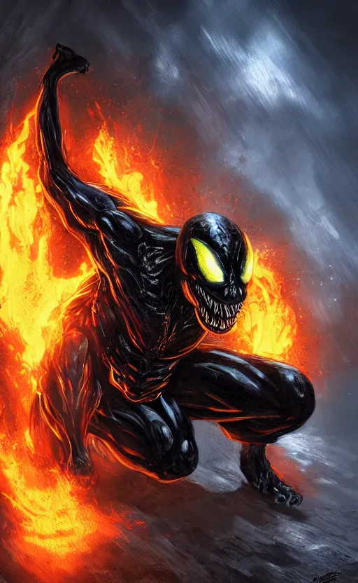 Prompt: venom as ghost rider, dynamic lighting, photorealistic fantasy concept art, trending on art station, stunning visuals, terrifying, creative, cinematic