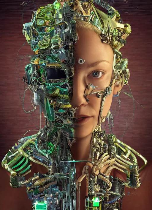 Image similar to a hyper - detailed fine painting of a synthetic humanoid cyborg hybrid half cybernetic and half made of plants and wood, concept art magical highlight, full color tribal and technologic art. artwork by subjekt zero. polished render by machine. delusions with discodiffusion.