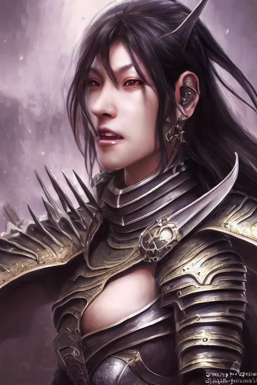 Image similar to A realistic anime portrait of a beautiful dark haired female orc knight wearing an intricate dragon plated armor, digital painting, by Stanley Artgerm Lau, Sakimichan, WLOP and Rossdraws, digital painting, painterly, Pixiv, Deviantart, golden ratio, rule of thirds, good composition, HD, 8k, award winning, promo art, splash art, rpg, jrpg, dungeons and dragons, DND, trending on ArtStation