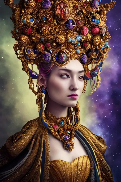 Image similar to a beautiful empress portrait, with a brilliant, impossible striking big cosmic galaxy headpiece, clothes entirely made out of cosmos chaos energy, symmetrical, dramatic studio lighting, rococo, baroque, jewels, asian, hyperrealism, closeup, D&D, fantasy, intricate, elegant, highly detailed, digital painting, artstation, octane render, 8k, concept art, matte, sharp focus, illustration, art by Artgerm and Greg Rutkowski and Alphonse Mucha