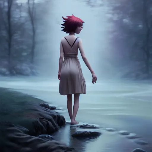 Image similar to girl by tom bagshaw, walking past a flowing river by ilya kuvshinov, rtx reflections, octane render 1 2 8 k, extreme high intricate details by wlop, digital anime art by ross tran, medium shot, close up shot, composition by sana takeda, dramatic lighting by greg rutkowski