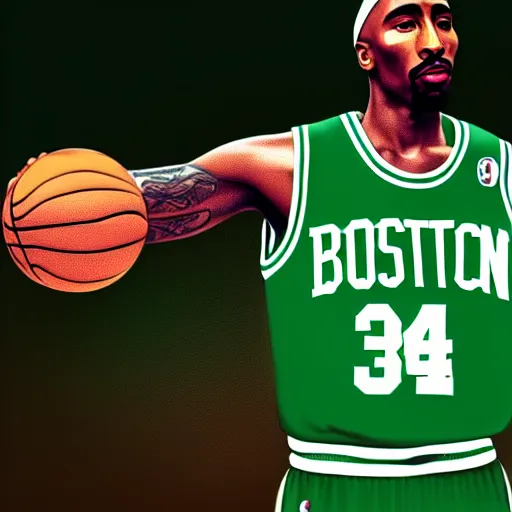 Image similar to portrait of tupac shakur, boston celtics jersey number 3 4, green, white, cartoon digital art, oil on canvas, trending on artstation, octane render