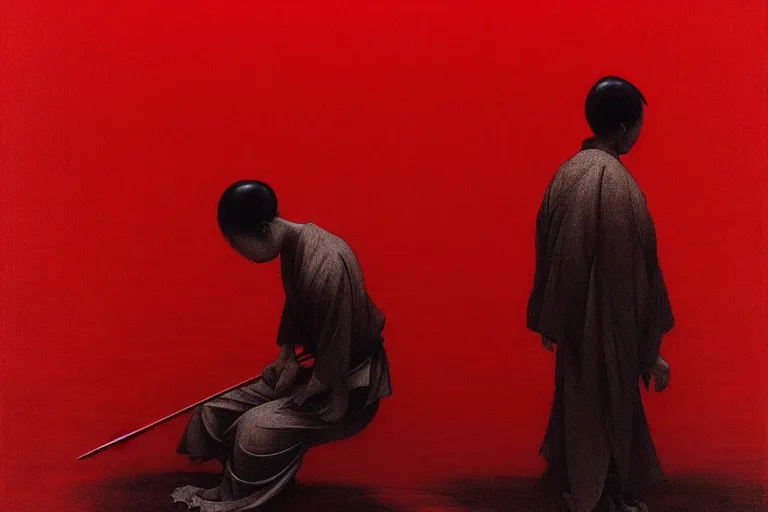 Image similar to only with red, a red samurai do seppuku, tokio, a lot of frogs watch, in the style of beksinski, parts by edward hopper, parts by rodcenko, parts by yue minjun, intricate and epic composition, red by caravaggio, insanely quality, highly detailed, masterpiece, red light, artstation, 4 k