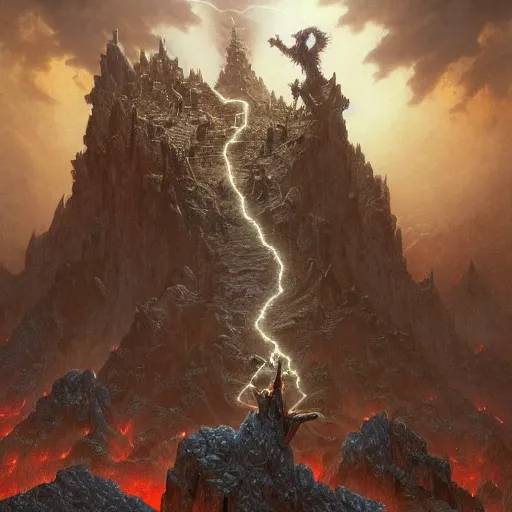 Prompt: Metal Album cover art featuring wizard on a mountaintop holding a damsel, lightning bolts, demons, trolls, goblins, massive battle storm, Coverwide view, intricate, Dungeons and Dragons, highly detailed, artstation, concept art, smooth, sharp focus, illustration, art by greg rutkowski and orientalism and bouguereau and Zdzislaw Beksinski, good clear quality, lighting, biology, symmetrical artwork, perfect face, 135 mm, cinematic, hyper realism, high detail, octane render, 8k, chrome accents