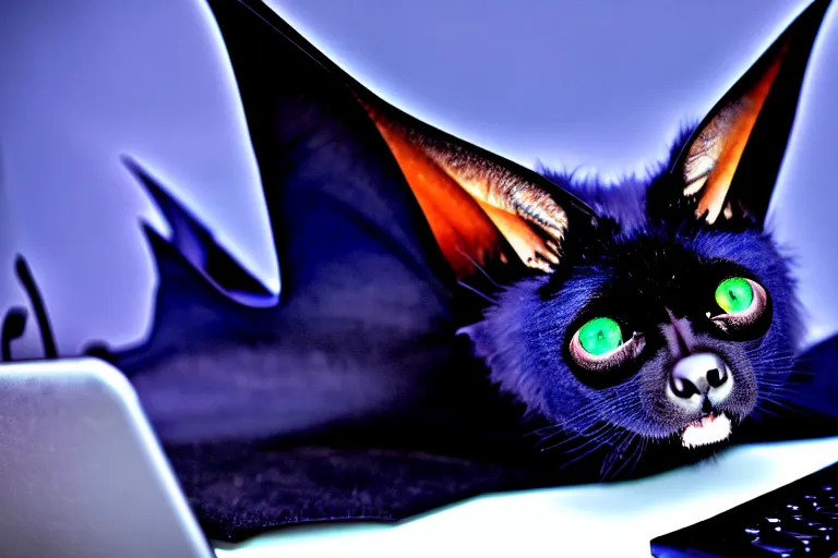 Image similar to a blue - and - black male catbat fursona with blue / green heterochromatic eyes and huge bat ears, photo of the catbat on his computer