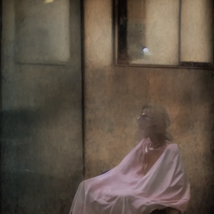 Prompt: a color photograph, closeup portrait of a woman wrapped in plastic, sitting in an abandoned coffee shop, color photograph, by vincent desiderio, canon eos c 3 0 0, ƒ 1. 8, 3 5 mm, 8 k, medium - format print