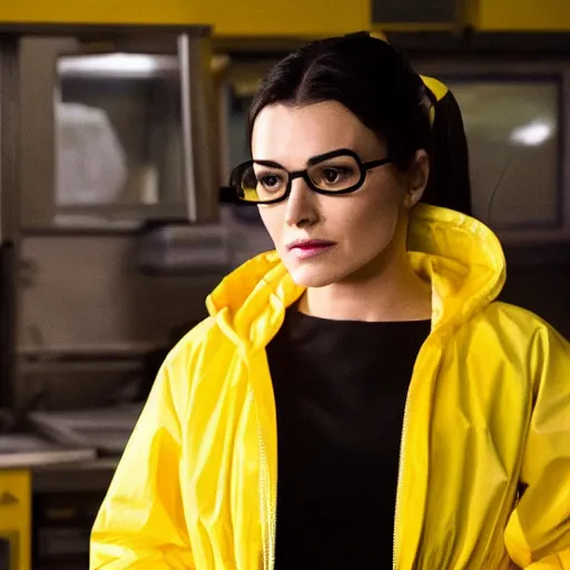 Prompt: veronica lodge cooking meth in a yellow hazmat suit, still from breaking bad