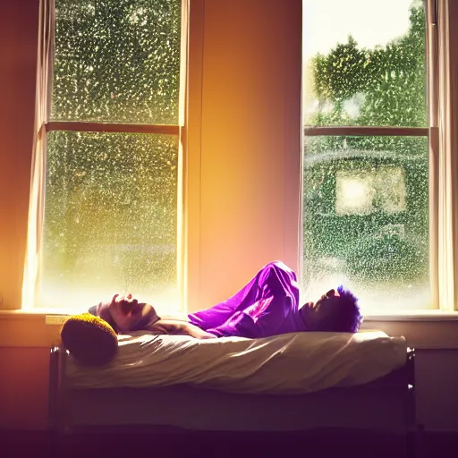 Image similar to man sleeping, a boy with purple hair and cat ears standing in window, dark lighting