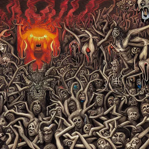 Image similar to digital painting of demons in rave party in hell by Chor Boogie, intricate details, ultra detailed, 4K, award-winning, touch of M. C. Escher