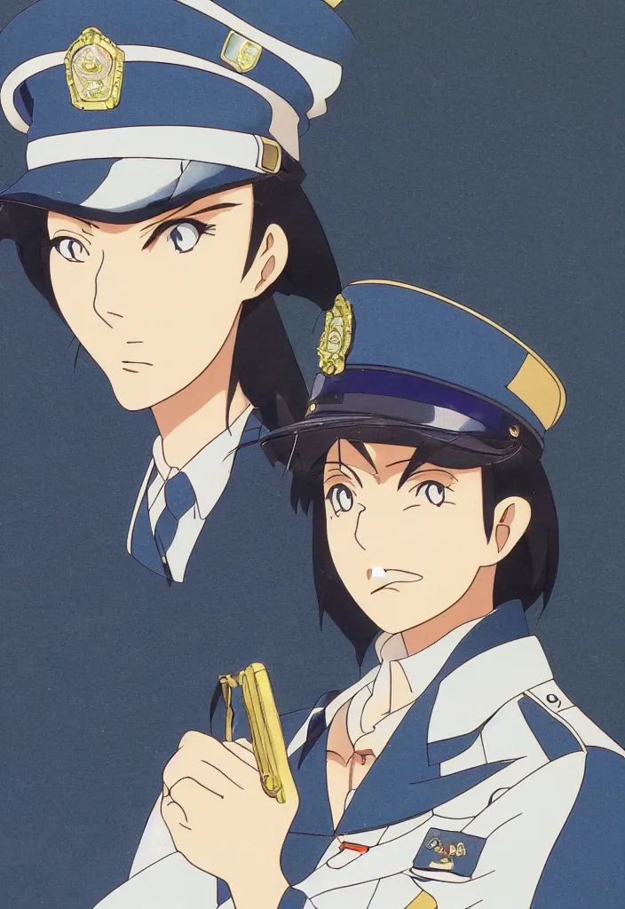 Image similar to a police woman, animation cel for anime movie, designed by haruhiko mikimoto