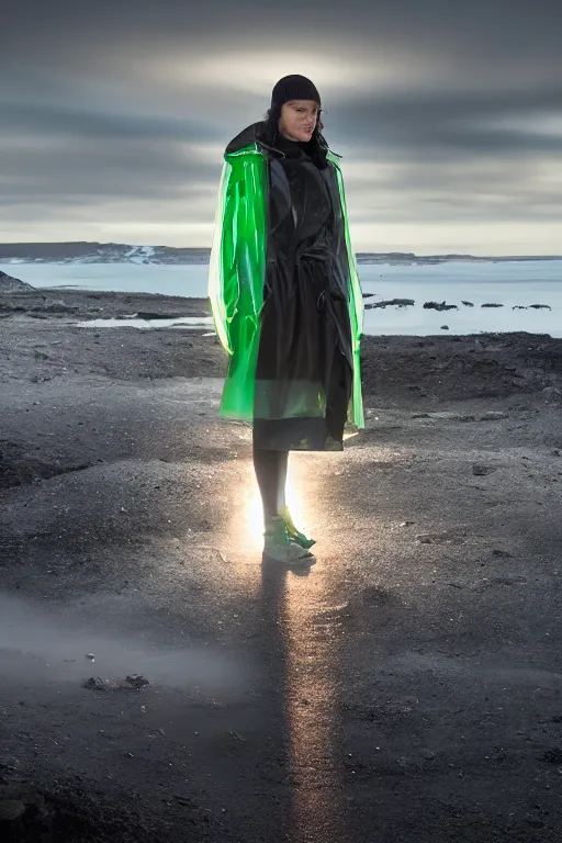 Image similar to an ultra high definition professional high fashion portrait studio full length photograph of a model wearing a transparent pearlescent raincoat and neon visor in an icelandic black rock environment at dawn. no artefacts. extremely detailed. stark. refraction. shallow depth of field. volumetric light and shadow. ray tracing. light rays.