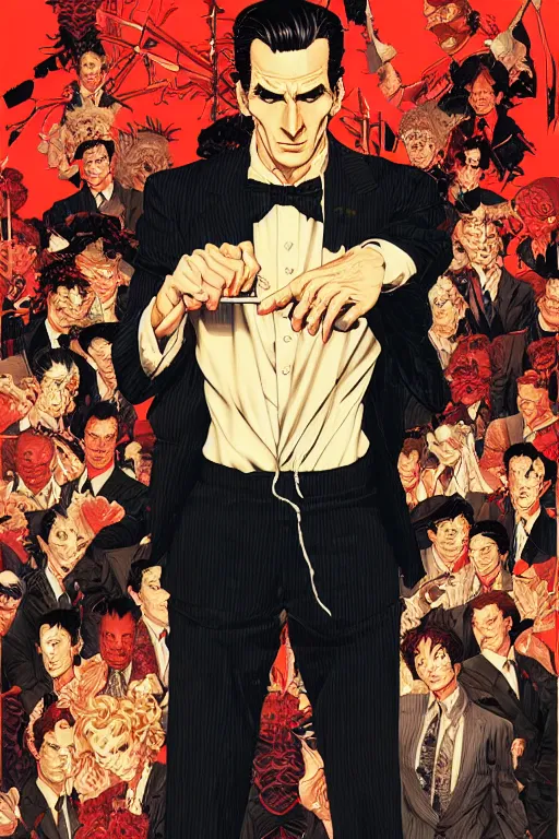 Image similar to poster of patrick bateman, by yoichi hatakenaka, masamune shirow, josan gonzales and dan mumford, ayami kojima, takato yamamoto, barclay shaw, karol bak, yukito kishiro