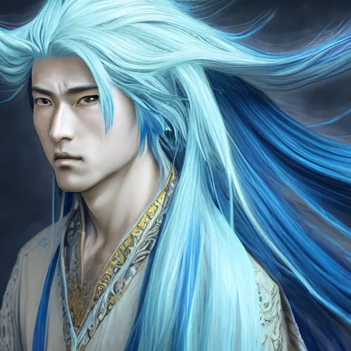 Image similar to an immortal xianxia cultivator with long blue hair as an absurdly handsome, elegant, young anime man, ultrafine hyperrealistic detailed face illustration by kim jung gi, irakli nadar, intricate linework, sharp focus, bright colors, matte, final fantasy, unreal engine highly rendered, global illumination, radiant light, intricate environment