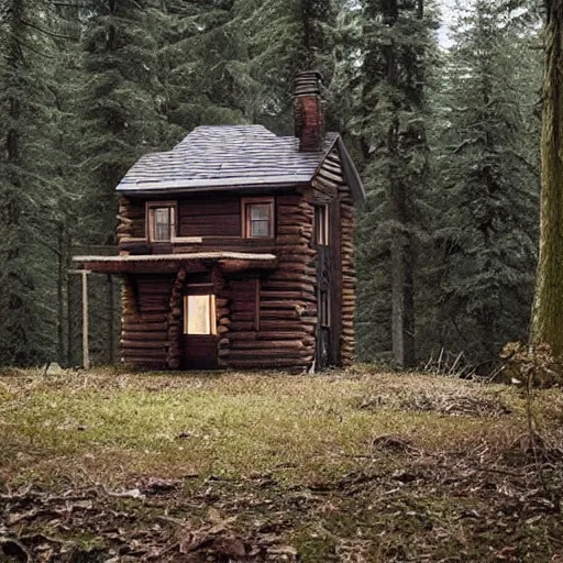 Prompt: a Eerie cabin in the middle of the woods made out of lego