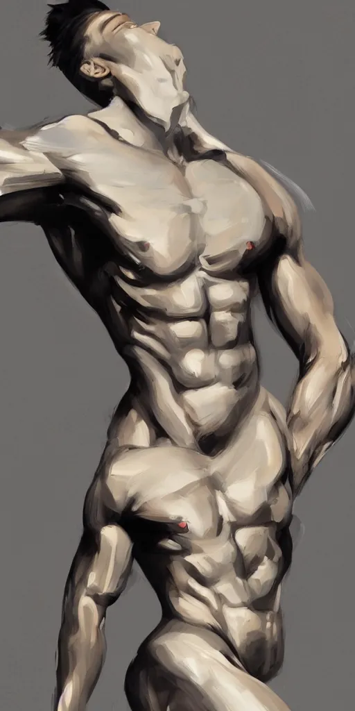 Prompt: minimal thick long paint brush strokes, outline suggesting the physique of one!!! thin athletic man posing dramatically, closeup, matte paint colors, long flowing brush strokes, abstract painting trending on artstation